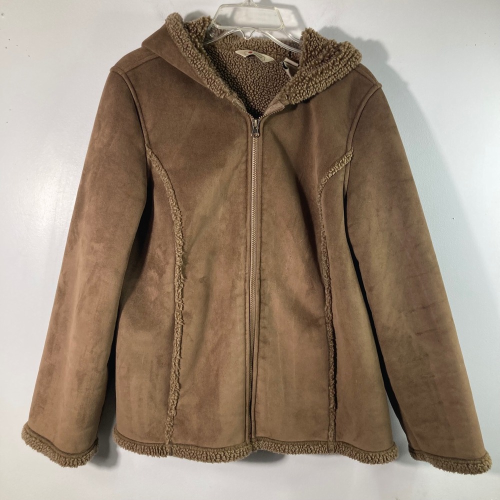 Womens LL Bean Faux Suede Sherpa Lined Jacket Brown XL Reg